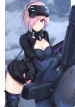  absurdres armor bangs black_armor black_leotard breastplate breasts cable cleavage cleavage_cutout closed_mouth cloud cloudy_sky collarbone commentary cowboy_shot eyebrows_visible_through_hair fate/grand_order fate_(series) faulds from_side gloves gorget greaves grey_sky hair_over_one_eye highres holding holding_shield leaning_forward legs_apart leotard light_smile looking_at_viewer mash_kyrielight medium_breasts nanakaku ortenaus outdoors pauldrons pink_hair purple_eyes shield short_hair sideways_glance sky solo standing thighhighs thighs vr_visor 