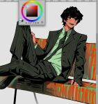  1boy :d animification art_program_in_frame bench black_eyes black_jacket black_shoes blush collared_shirt commentary_request dimple dress_pants dress_shoes fangs full_body george_harrison highres jacket korean_commentary lapels long_sleeves looking_at_viewer male_focus pants pinstripe_jacket pinstripe_pants pinstripe_pattern real_life shirt shoes short_hair shoulder_pads sitting smile solo suit suit_jacket tareme the_beatles thick_eyebrows white_shirt zofkrr 