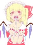  1girl blush cum cum_in_mouth cumdrip cupping_hands flandre_scarlet hat highres marusuke open_mouth side_ponytail sketch solo the_embodiment_of_scarlet_devil touhou wings wings\r\n1girl 