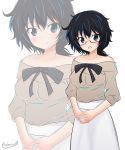  absurdres artist_name bare_shoulders black_eyes black_hair bow_shirt brown_shirt casual closed_mouth collarbone commentary cowboy_shot getsumen_suibaku_ver._a(c) girls_und_panzer glasses hands_together highres interlocked_fingers long_skirt long_sleeves looking_at_viewer messy_hair no_eyewear off-shoulder_shirt open_mouth oryou_(girls_und_panzer) red-framed_eyewear semi-rimless_eyewear shirt short_hair short_ponytail signature simple_background skirt smile solo standing under-rim_eyewear white_background white_skirt zoom_layer 