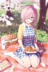  :d basket black-framed_eyewear blanket blue_dress blurry blurry_foreground blush bow box breasts casual checkered checkered_dress cherry_blossoms day depth_of_field dress eyes_visible_through_hair fate/grand_order fate_(series) food fou_(fate/grand_order) full_body glasses grass hair_over_one_eye hanami head_tilt highres holding holding_box jacket looking_at_viewer mash_kyrielight medium_breasts nanotaro no_shoes obentou on_ground open_clothes open_jacket open_mouth outdoors pink_hair purple_eyes shade shiny shiny_hair short_hair short_sleeves smile socks solo spring_(season) thermos tree white_bow white_legwear wrapper yellow_jacket 