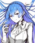  blue_eyes blue_hair braid breasts commentary crown_braid english_commentary hand_in_hair ippers jacket kiznaiver long_hair medium_breasts necktie school_uniform shirt simple_background sketch solo sonozaki_noriko white_background white_hair 