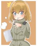  1girl :t bangs blonde_hair blue_eyes blush brown_background cbgb closed_mouth commentary_request cup eyebrows_visible_through_hair girls_und_panzer green_jumpsuit holding katyusha looking_at_viewer military military_uniform mouth_hold mug short_hair solo standing steam surprised sweatdrop uniform upper_body 