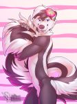  2018 anthro ayken big_tail biped black_eyebrows black_fur black_hair black_nose black_tail claws digital_media_(artwork) eyebrows fangs flower flower_in_hair fur hair half-length_portrait hi_res holding_tail long_tail looking_at_viewer male mammal multicolored_fur multicolored_hair multicolored_tail nude open_mouth pattern_background plant portrait pose purple_eyes short_hair side_view simple_background skunk solo standing striped_background two_tone_fur two_tone_hair two_tone_tail url vallhund watermark white_claws white_fur white_hair white_tail 