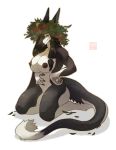  anthro breasts female kneeling leaves lingrimm nude sergal simple_background solo white_background wreath 