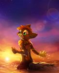  2018 anthro brown_fur brown_hair clothed clothing detailed_background digital_media_(artwork) feline fur green_eyes hair magenta7 mammal open_mouth sky smile solo star starry_sky teeth tongue topless twilight 