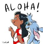  2017 4_fingers 5_fingers alien back_markings black_eyes black_hair blue_claws blue_fur blue_nose blush claws clothed clothing disney duo ears_down experiment_(species) fur hair hawaiian_text hi_res human lilo_and_stitch lilo_pelekai long_hair mammal markings muumuu notched_ear nude reaction_image side_view signature simple_background small_tail smile steve_thompson stitch text waving white_background 