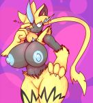  anthro big_breasts big_hands black_skin blue_eyes blue_nipples breasts clothed clothing feline female mammal nintendo nipples pok&eacute;mon pok&eacute;mon_(species) sirphilliam solo thick_thighs topless video_games zeraora 