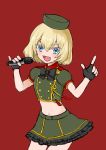  :d absurdres alternate_costume bangs banira_(oocooocooocoo) black_gloves black_neckwear blonde_hair blue_eyes bow bowtie commentary cowboy_shot crop_top eyebrows_visible_through_hair fang fingerless_gloves frilled_skirt frills girls_und_panzer gloves green_hat green_jacket green_skirt hat highres holding holding_microphone idol jacket katyusha layered_skirt looking_at_viewer microphone midriff miniskirt navel open_mouth pinky_out pointing pointing_up puffy_short_sleeves puffy_sleeves red_background short_hair short_sleeves simple_background skirt smile solo v-shaped_eyebrows w_arms 