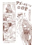  1boy 2girls 4koma :d absurdres ahoge azur_lane bangs bra breasts chair cleavage clipboard closed_mouth collarbone collared_shirt comic commander_(azur_lane) commentary cup desk dress elbow_gloves emphasis_lines enterprise_(azur_lane) eyebrows_visible_through_hair gloves greyscale hat helena_(azur_lane) highres holding holding_cup holographic_interface indoors jacket jitome large_breasts long_hair long_sleeves medium_breasts military_hat military_jacket monochrome multiple_girls necktie object_hug off_shoulder on_chair open_mouth pants peaked_cap pleated_skirt recording shaded_face shirt sitting skirt sleeveless sleeveless_shirt smile speech_bubble spoken_ellipsis tama_yu thighhighs torn_clothes torn_shirt translated trembling underwear very_long_hair watermark web_address 