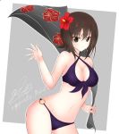  absurdres artist_name bangs bikini breasts brown_eyes brown_hair character_name cleavage closed_mouth commentary cowboy_shot criss-cross_halter english eyebrows_visible_through_hair flower front-tie_bikini front-tie_top getsumen_suibaku_ver._a(c) girls_und_panzer grey_background hair_flower hair_ornament halterneck happy_birthday highres holding leaning_forward looking_at_viewer medium_breasts nishizumi_maho o-ring o-ring_bikini purple_bikini revision sarong sarong_removed short_hair signature smile solo standing swimsuit waving 