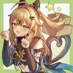  1girl :3 absurdres blonde_hair border bow box bridal_gauntlets cat_girl cat_tail choker commentary_request detached_sleeves genshin_impact green_border green_eyes hair_bow hair_ornament hairclip heart heart_tail highres japanese_clothes jinbaori kirara_(genshin_impact) long_hair looking_at_viewer multiple_tails nekomata open_mouth paw_pose slit_pupils smile solo star_(symbol) stomach tail two_tails upper_body yuno_kaihara 