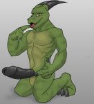 2018 abs anthro balls claws erection feet humanoid invalid_background invalid_tag long_penis male mech_(mechedragon) muscular muscular_male orange_eyes pecs penis reptile scalie smile solo stripes teeth toe_claws tongue 