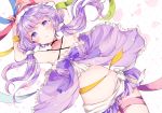  :o armpits arms_up bare_shoulders blush commentary_request cowboy_shot groin highres holding holding_ribbon jewelry long_hair looking_at_viewer navel necklace purple_babydoll purple_eyes ribbon ribbon_trim short_hair_with_long_locks sidelocks solo sotsunaku stomach vocaloid voiceroid yuzuki_yukari 
