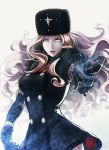  black_gloves blonde_hair blue_eyes breasts coat commentary fur_collar fur_hat gloves half-closed_eyes hat highres ice kanta-kun kolin long_hair looking_at_viewer medium_breasts miniskirt outstretched_arm skirt solo street_fighter street_fighter_v ushanka winter_clothes winter_coat 