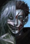  2boys absurdres blood blood_on_face cheek_injury cuts evil_grin evil_smile expressionless grey_hair grin highres hood hood_down hoodie injury itadori_yuuji jujutsu_kaisen kyezzzz lips long_hair looking_at_viewer mahito_(jujutsu_kaisen) male_focus medium_hair multiple_boys nose portrait red_hoodie short_hair smile split_theme stapled stapled_face teeth 
