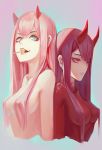  aqua_eyes back-to-back bangs bodysuit breasts candy character_request covered_nipples darling_in_the_franxx eyeshadow food frown hair_censor hair_over_breasts highres horns lollipop long_hair looking_at_viewer makeup medium_breasts mouth_hold multiple_girls pilot_suit pink_hair purple_hair red_bodysuit shiny shiny_hair small-9 straight_hair upper_body v-shaped_eyebrows zero_two_(darling_in_the_franxx) 