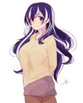  breasts hair_ornament hairclip hanekawa_tsubasa kokomi_(aniesuakkaman) large_breasts light_smile long_hair monogatari_(series) multicolored_hair pantyhose pantyhose_under_shorts purple_eyes purple_hair shorts solo standing sweater two-tone_hair very_long_hair white_hair 