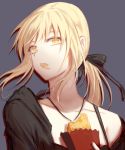  artoria_pendragon_(all) bangs black_jacket black_ribbon blonde_hair collarbone eating fate_(series) food grey_background hair_ribbon highres holding holding_food jacket jewelry long_hair looking_at_viewer low_ponytail necklace off_shoulder open_clothes open_jacket ribbon saber_alter sidelocks simple_background solo upper_body wrapper xing_muhen yellow_eyes 