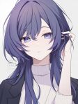  1girl asahina_mafuyu black_jacket blazer commentary_request dot_nose grey_background hair_between_eyes hand_in_own_hair highres jacket jacket_on_shoulders jellyfish_cut jewelry lapels long_hair looking_at_viewer necklace notched_lapels official_alternate_costume official_alternate_hairstyle parted_lips project_sekai purple_eyes purple_hair ribbed_sweater sidelocks simple_background solo sweater three-quarter_sleeves turtleneck turtleneck_sweater twitter_username umemori_mai upper_body watermark white_sweater zozotown 