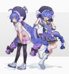  2girls :d ahoge bare_arms bare_shoulders between_legs black_hat black_pantyhose blue_hair blush boots bow closed_mouth commentary corn_kuten dot_nose double-parted_bangs dress dual_persona fang full_body gradient_clothes gradient_dress green_eyes grey_shoes hair_between_eyes hair_intakes hair_ornament hairclip hand_between_legs hat long_hair looking_at_viewer multicolored_hair multiple_girls open_mouth otomachi_una otomachi_una_(sv) otomachi_una_(talkex) pantyhose parallel_hairclips pink_dress purple_dress purple_hair red-framed_eyewear shoes simple_background skin_fang sleeveless sleeveless_dress smile standing standing_on_one_leg striped_bow synthesizer_v talkex twintails two-tone_hair vocaloid white_boots white_bow 