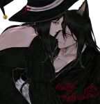  1boy 1girl anima_tion_1 animal_ears back_cutout backless_dress backless_outfit bell black_eyes black_hair bleach bleach:_sennen_kessen-hen blue_eyes cat_boy cat_ears clothing_cutout collarbone commentary dress hair_between_eyes happy_halloween hat hat_bell highres jingle_bell kemonomimi_mode looking_at_viewer scar scar_across_eye scar_on_back scar_on_cheek scar_on_face scar_on_mouth shihakusho symbol-only_commentary unohana_retsu witch_hat zaraki_kenpachi 