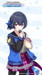  armband black_hair black_legwear blue_jacket blue_ribbon blue_scrunchie copyright_name cowboy_shot eyebrows_visible_through_hair grey_shirt hair_between_eyes hair_ornament hair_ribbon hair_scrunchie highres holding holding_microphone idolmaster idolmaster_shiny_colors jacket microphone morino_rinze official_art open_clothes open_jacket pantyhose pink_skirt pleated_skirt red_eyes ribbon scrunchie shirt short_hair skirt solo standing star star_print 