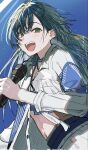  1girl asymmetrical_clothes blue_background blush collarbone commentary_request costume_request crop_top gakuen_idolmaster green_eyes green_hair highres holding holding_microphone idolmaster linea_alba long_hair looking_at_viewer microphone navel simple_background solo stomach tomiyu_(montaroo0622) tsukimura_temari 