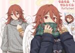  1boy :< \n/ angel_devil_(chainsaw_man) angel_wings animal_hood bilingual_text black_coat cat_hood chainsaw_man coat commentary_request english_text food green_scarf grey_sweater hair_between_eyes halo holding holding_ice_cream_cone hood ice_cream ice_cream_cone male_focus min_(myna8247) mixed-language_text plaid_clothes plaid_scarf red_eyes red_hair scarf scarf_over_mouth signature sleeves_past_wrists striped_background sweater turtleneck turtleneck_sweater wings 