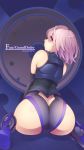  armor artist_name ass back bare_shoulders black_gloves cameltoe copyright_name covered_anus deto elbow_gloves fate/grand_order fate_(series) gloves high_heels highres leotard looking_at_viewer looking_back mash_kyrielight purple_eyes purple_hair shield short_hair sitting solo wariza 