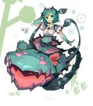  1girl :d absurdres alraune blush circle clothing_cutout color_guide colored_skin commentary_request covered_navel dot_nose dress english_text extra_mouth fangs flat_chest grass green_dress green_eyes green_hair green_skin hand_on_own_head highres juliet_sleeves long_sleeves looking_at_viewer medium_hair monster_girl open_mouth original pink_dress plant plant_girl puffy_sleeves shitoi_(aqua1487) simple_background smile solo tentacles thorns tiara tree two-tone_dress underboob_cutout venus_flytrap vine_tentacle white_background 