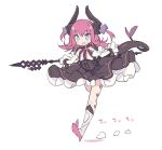  :d armored_boots bangs black_dress blade_(galaxist) blue_eyes blush boots curled_horns detached_sleeves dragon_girl dragon_horns dragon_tail dress elizabeth_bathory_(fate) elizabeth_bathory_(fate)_(all) eyebrows_visible_through_hair fang fate/extra fate/extra_ccc fate_(series) full_body grey_footwear hair_between_eyes hair_ribbon holding horns knee_boots long_hair long_sleeves open_mouth pink_hair purple_ribbon ribbon sarkany_csont_landzsa smile solo standing standing_on_one_leg tail two_side_up 