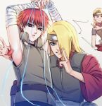  2boys asymmetrical_bangs asymmetrical_clothes bandaged_arm bandages belt blue_eyes commentary deidara_(naruto) extra_mouth eyeliner fanny_pack fishnet_top fishnets forehead_protector hair_over_one_eye highres kxnitinx long_hair looking_at_viewer makeup male_focus multiple_boys naruto_(series) naruto_shippuuden red_eyes red_hair sasori_(naruto) short_hair simple_background sweatdrop symbol-only_commentary vest white_background 