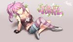  arm_support artist_name artist_request breasts character_name cleavage fingerless_gloves gloves jibril_(no_game_no_life) large_breasts long_hair mismatched_legwear multicolored_hair navel no_game_no_life orange_eyes pink_hair ponytail shoes sitting sketch smile solo tattoo wing_ears 