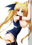  black_legwear blonde_hair blush breasts breasts_outside fate_testarossa hair_ornament hair_ribbon highres large_breasts long_hair looking_at_viewer lyrical_nanoha mahou_shoujo_lyrical_nanoha_strikers nipples no_bra red_eyes ribbon simple_background smile tappa_(esperanza) thighhighs twintails white_background 