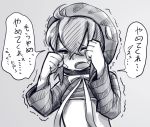  check_translation clenched_hand commentary crying diz_(diznaoto) eyebrows_visible_through_hair greyscale hands_on_own_face hood kemono_friends long_sleeves monochrome neck_ribbon open_mouth out_of_character partially_translated ribbon short_hair solo tears translation_request trembling tsuchinoko_(kemono_friends) upper_body 