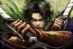  1boy black_hair brown_jacket cape closed_mouth green_background green_cape highres holding holding_weapon jacket kyezzzz levi_(shingeki_no_kyojin) lips long_sleeves looking_at_viewer male_focus paradis_military_uniform shingeki_no_kyojin short_hair simple_background solo three-dimensional_maneuver_gear weapon 