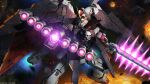 absurdres aiming aiming_at_viewer battle beam_cannon beam_rifle copyright_notice crossbone_gundam crossbone_gundam_x-1_full_cloth crossbone_vanguard energy_gun energy_sword explosion gundam gundam_battle_operation_2 highres mecha mecha_focus mobile_suit nebula no_humans painting_(medium) realistic robot scan science_fiction space star_(sky) sunrise_(company) sword tenjin_hidetaka thrusters traditional_media v-fin weapon zero_gravity 