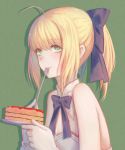  ahoge artoria_pendragon_(all) bangs bare_shoulders blonde_hair bow bowtie cake detached_collar eating eyebrows_visible_through_hair fate/stay_night fate_(series) flat_chest food fork freckles from_side green_background green_eyes hair_bow highres holding holding_plate long_hair looking_at_viewer looking_to_the_side plate ponytail purple_bow purple_neckwear saber simple_background slice_of_cake solo strapless tareme xing_muhen 