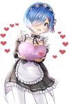  :d apron black_dress blue_eyes blue_hair blush breasts cleavage cleavage_cutout detached_collar detached_sleeves dress flower hair_flower hair_ornament hair_over_one_eye hair_ribbon heart heart_pillow holding holding_pillow looking_at_viewer maid maid_headdress medium_breasts melings_(aot2846) open_mouth pillow re:zero_kara_hajimeru_isekai_seikatsu rem_(re:zero) ribbon ribbon-trimmed_dress short_hair simple_background smile solo thighhighs waist_apron white_apron white_background white_legwear x_hair_ornament 