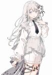  1girl bang_dream! bang_dream!_our_notes black_necktie blue_eyes flower hair_flower hair_ornament hand_up highres long_hair long_sleeves looking_at_viewer migolu necktie open_mouth shiomi_hotaru shirt simple_background skirt solo white_background white_hair white_shirt white_skirt 