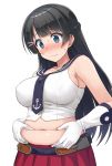  agano_(kantai_collection) agano_(kantai_collection)_(cosplay) bare_shoulders belly_grab belt black_belt black_hair blue_eyes blush breasts closed_mouth collarbone commentary_request cosplay covered_nipples gloves hormone_koijirou kantai_collection large_breasts long_hair look-alike navel nijisanji nose_blush plump red_skirt sailor_collar sideboob simple_background skirt solo tsukino_mito upper_body virtual_youtuber weight_conscious white_background white_gloves 