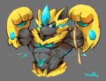  abs anthro blue_eyes fangs flexing fur grey_background looking_at_viewer male muscular pok&eacute;mon_(species) simple_background smile tape_measure waddledox yellow_fur zeraora 