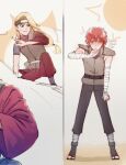  2boys asymmetrical_bangs asymmetrical_clothes bandaged_arm bandaged_leg bandages belt blue_eyes blush commentary deidara_(naruto) extra_mouth eyeliner fanny_pack fishnet_top fishnets forehead_protector hair_over_one_eye highres hot kxnitinx long_hair looking_at_another looking_at_viewer makeup multiple_boys naruto_(series) naruto_shippuuden red_eyes red_hair sandals sasori_(naruto) short_hair shoulder_pads sketch sun sweat symbol-only_commentary vest 