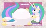 absurd_res arceus_tummy belly big_belly blush cutie_mark equid equine female feral friendship_is_magic hair hasbro hi_res hoof_on_belly horn horse looking_at_belly lying mammal my_little_pony mythological_creature mythological_equine mythology on_side onomatopoeia open_mouth overweight pony princess_celestia_(mlp) simple_background smile solo sound_effects tail text vore winged_unicorn wings