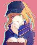  ahoge artoria_pendragon_(all) bag baozi baseball_cap blonde_hair blue_hat blue_scarf eyebrows_visible_through_hair fate/grand_order fate_(series) food green_eyes hat highres holding holding_food long_hair long_sleeves looking_at_viewer mysterious_heroine_x open_mouth pink_background ponytail scarf shaded_face sidelocks simple_background solo upper_body xing_muhen 