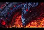  black_scales digital_media_(artwork) dragon feral fire horn noctem-tenebris red_eyes scales solo spines teeth 