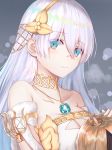  anastasia_(fate/grand_order) bangs bare_shoulders blue_eyes blush cape closed_mouth commentary_request doll dress eyebrows_visible_through_hair eyes_visible_through_hair fate/grand_order fate_(series) hair_between_eyes hair_over_one_eye hairband highres holding jewelry long_hair looking_at_viewer necklace reuri_(tjux4555) ribbon royal_robe silver_hair solo upper_body 