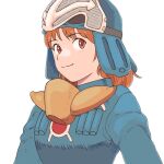  1girl blue_helmet blue_jacket commentary gan2 helmet highres jacket kaze_no_tani_no_nausicaa looking_at_viewer mask mask_around_neck nausicaa red_eyes red_hair short_hair simple_background solo upper_body white_background 