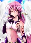  1girl angel_wings artist_request breasts cross feathered_wings gloves halo highres jibril_(no_game_no_life) long_hair low_wings magic_circle medium_breasts midriff multicolored multicolored_eyes navel no_game_no_life pink_hair purple_eyes sideboob smile solo symbol-shaped_pupils tattoo very_long_hair white_wings wing_ears wings yellow_eyes 